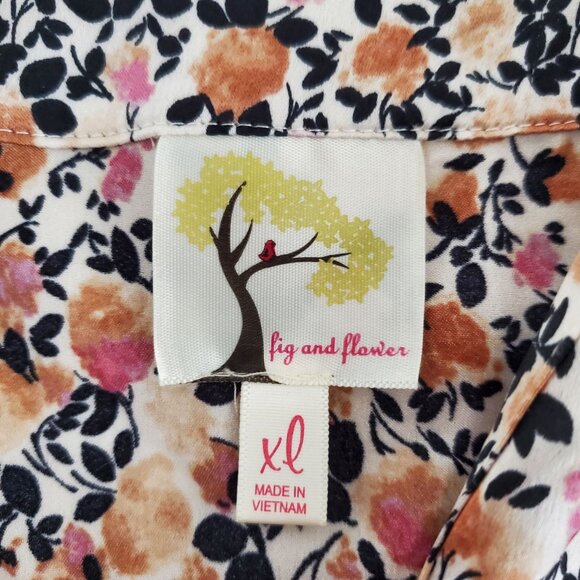 Fig & Flower Womens Silky Floral Long Sleeve Smocked Waist Dress XL S Slit Neck - Picture 4 of 12